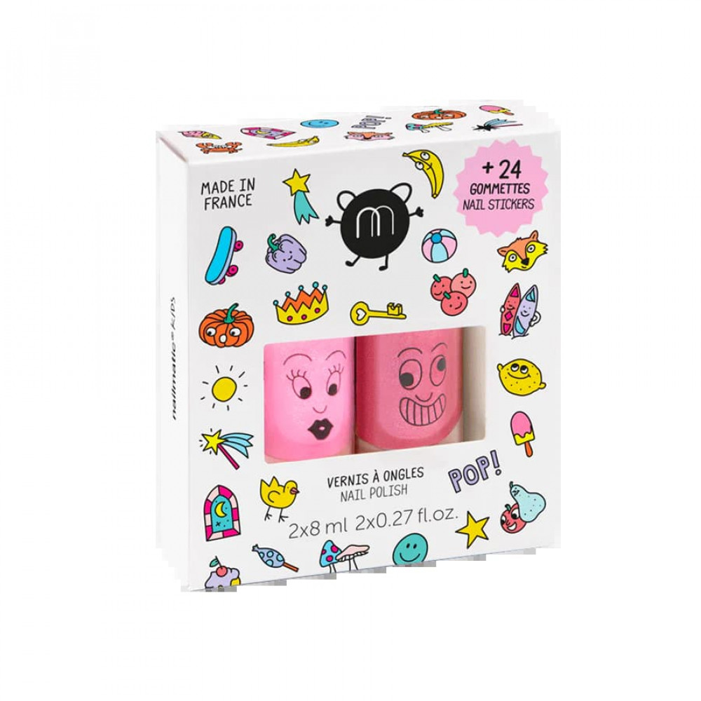 Nailmatic Σετ 2 Βερνίκια με Αυτοκόλλητα Νυχιών (Neon Pink-Kitty)