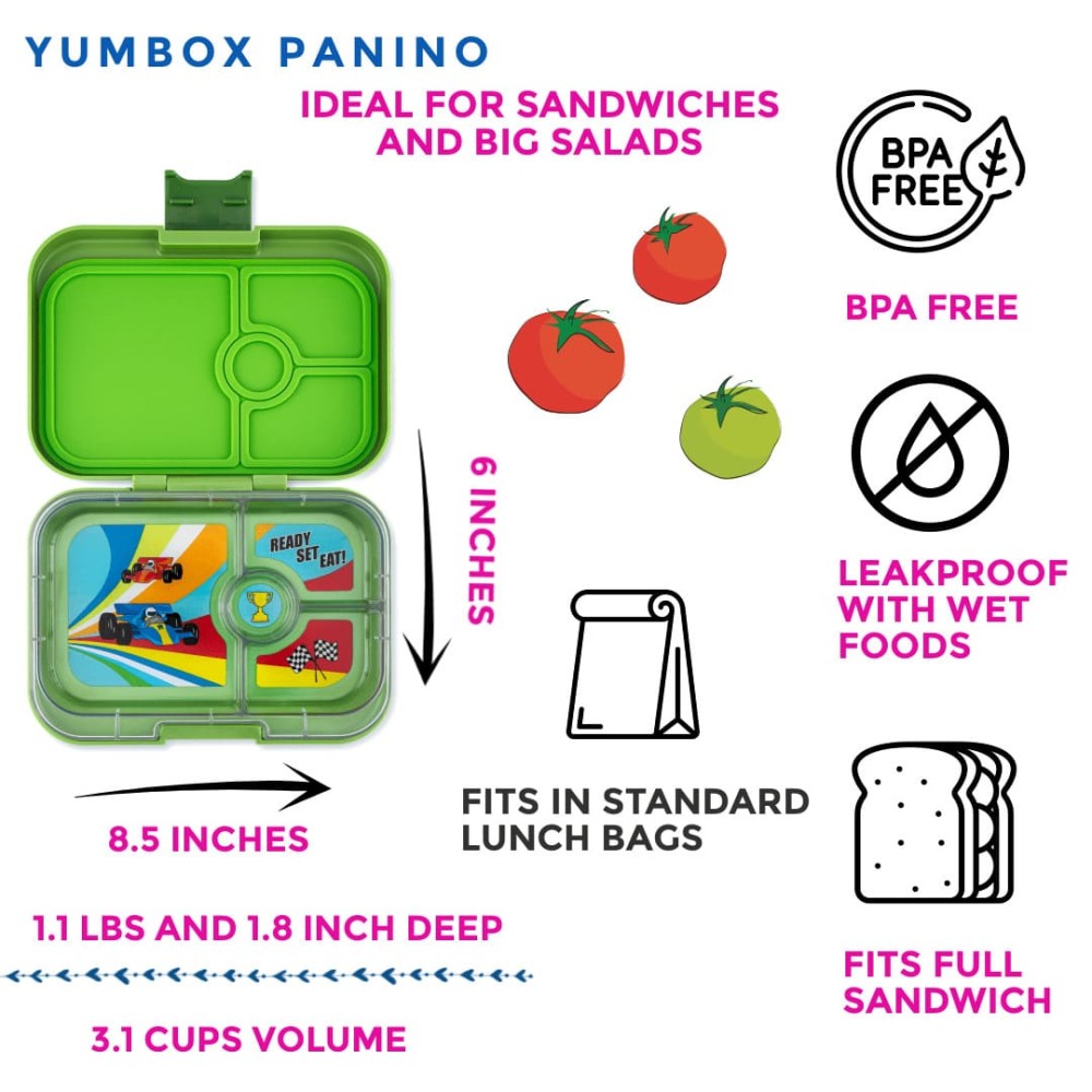 Yumbox Panino Φαγητοδοχείο με 4 χωρίσματα (Matcha Green - Race Cars)